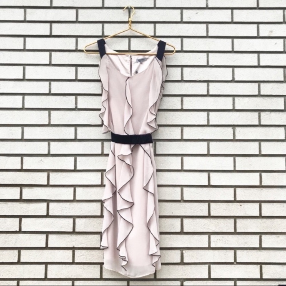 Table Eight Blush Black Trim Ruffle Belted Sheath Dress Size 6 Wedding Guest